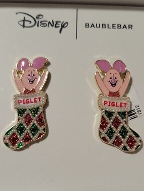 BaubleBar Disney Piglet Pink and Green Holiday Stocking Earrings